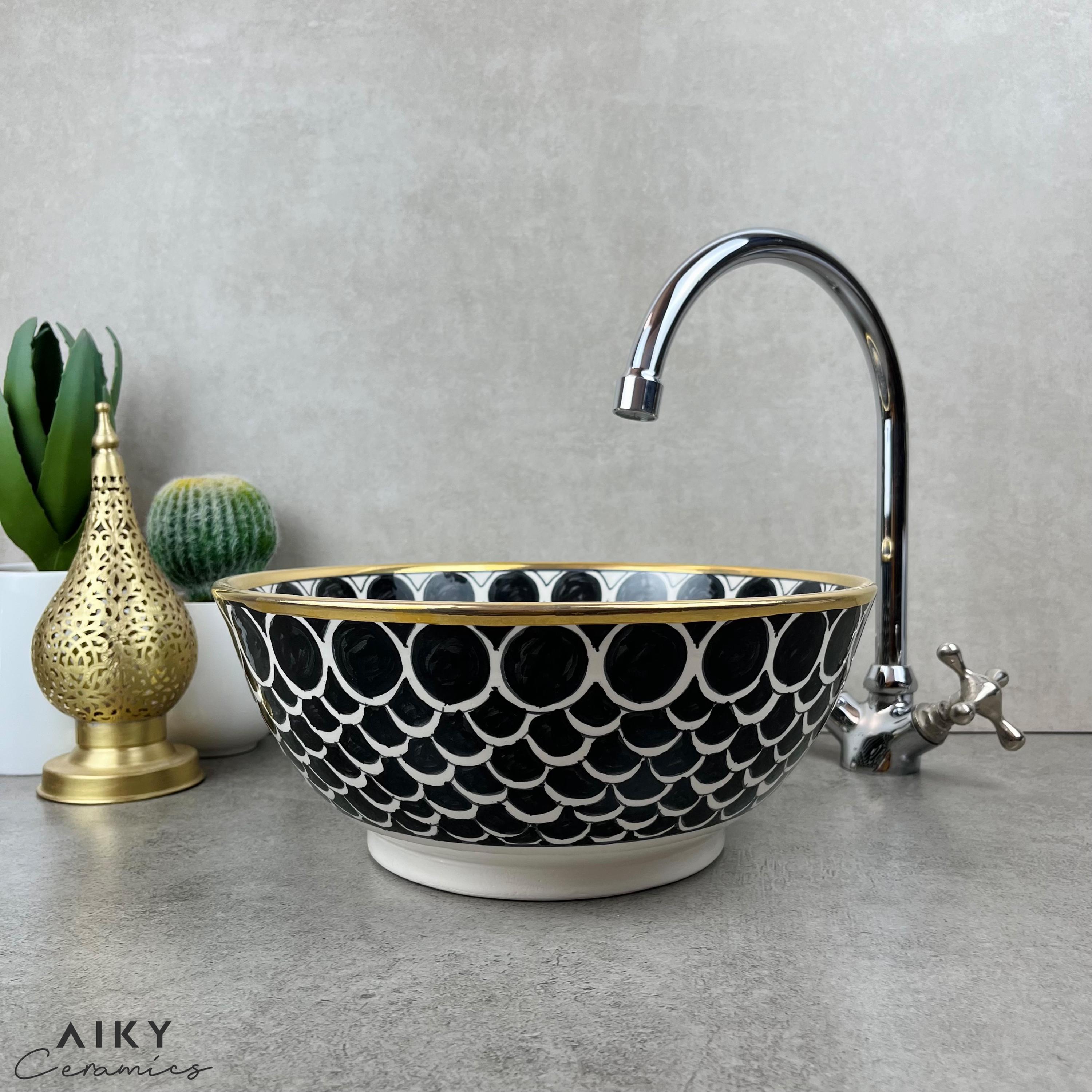 Midnight Elegance: Artisan-made Black Moroccan Basin With 14k Gold Rim ...