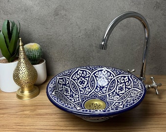 Cerulean Beauty: Hand-Painted Moroccan Ceramic Basins in Vibrant Blue Hues, Elevating Your Bathroom with Artisanal Charm