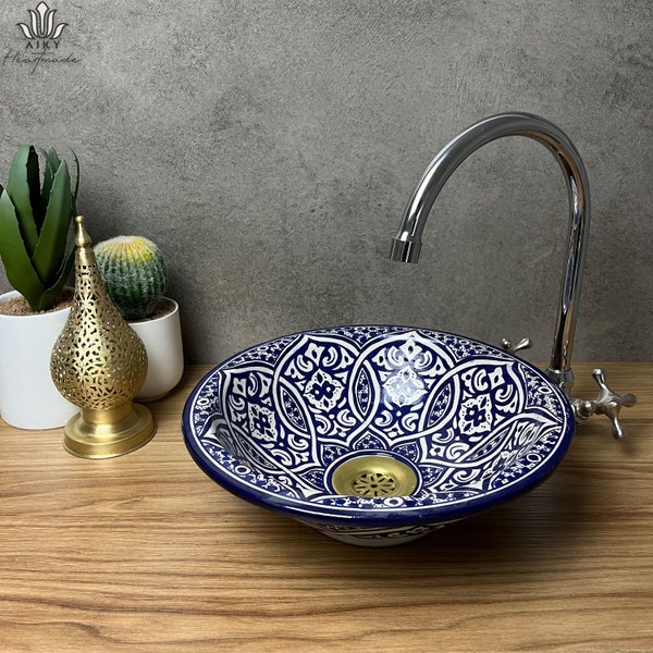 Cerulean Beauty: Hand-Painted Moroccan Ceramic Basins in Vibrant Blue Hues, Elevating Your Bathroom with Artisanal Charm