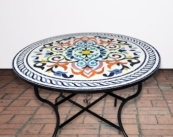 Handcrafted Moroccan Zellige Mosaic Table with Vibrant Floral Patterns by gluing together small pieces of Zellige, for Indoor or Outdoor Use