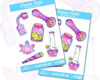 May include: A sticker sheet with a galaxy theme featuring various stoner-related items, including a bong, a pipe, a jar of weed, a joint, and a leaf. The text "Canna Cutie" and "Girlie Stoner Sticker Sheet" is printed on the sheet.