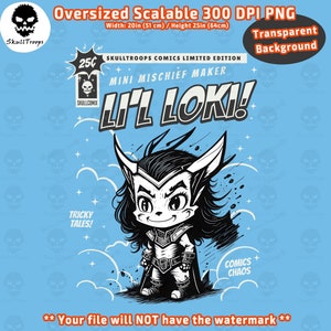 Lil Loki PNG transparent background. Cartoon Comic Cover Style Sublimation Digital download, DTF, DTG. Cute kids tee design, baby superhero
