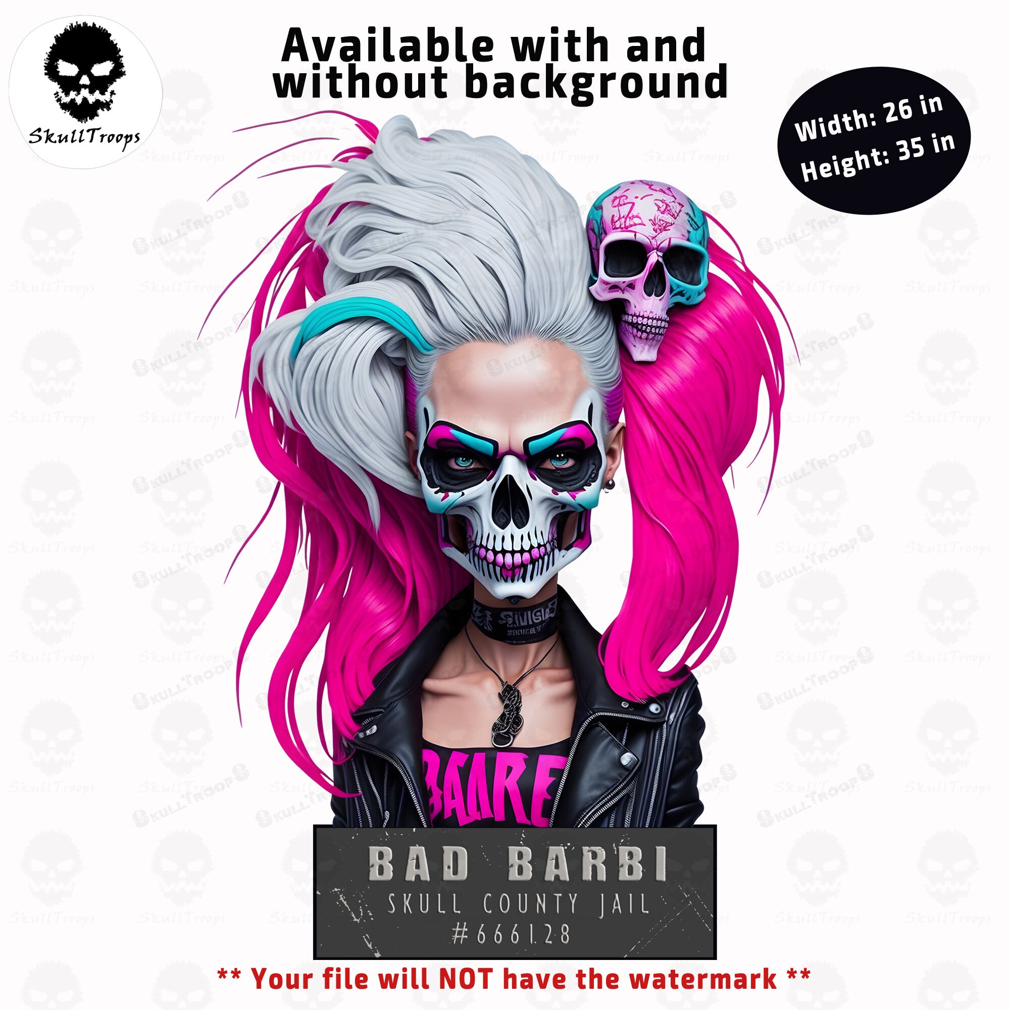 Skull Bad Barbi PNG 300 Dpi. Sublimation, DTF, DTG. Resizable, Wall Art