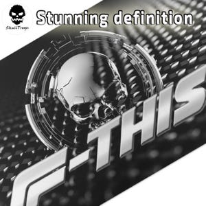 May include: Black and white graphic design featuring a metallic skull within a circular frame, with the text "Stunning definition" and "F-THIS". The SkullTroops logo is in the upper left corner.