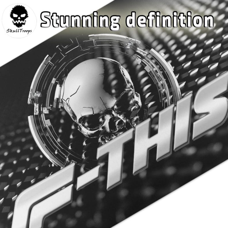 May include: Black and white graphic design featuring a metallic skull within a circular frame, with the text "Stunning definition" and "F-THIS". The SkullTroops logo is in the upper left corner.
