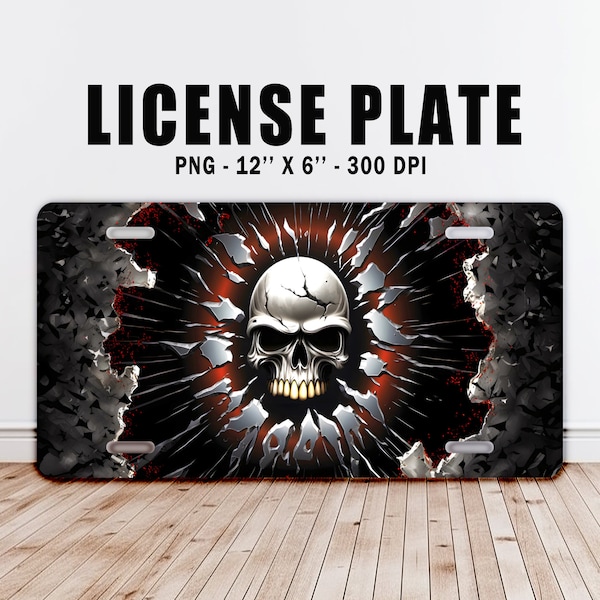 Skull Torn Metal Car License Plate PNG, 300 DPI Instant digital download, sublimation printing resizable design, heavy metal skull art lover