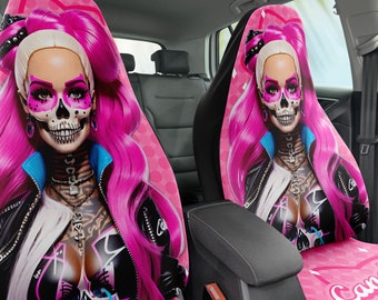 Skull Pink Diva Candy Girl Fashion Doll Car Seat Covers Set of 2, Universal Fit. Thick Polyester Fabric, Stylish Boho Vehicle Cute Car Decor