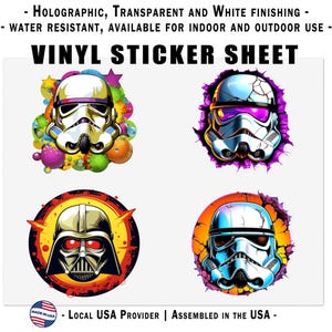 May include: A sheet of vinyl stickers featuring four different Star Wars character designs. The designs are colourful and include Darth Vader and Stormtroopers. The stickers are holographic, transparent, and water-resistant.