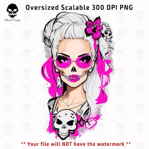 Diseño de camiseta PNG con gafas rosas de diva de calavera. Sublimación DTF DTG Descarga digital instantánea redimensionable. Chica guapa de moda de los 80 en Coachella vestida de rosa