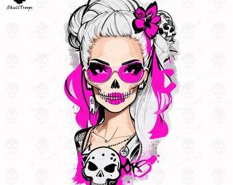 Skull Diva Pink Glasses PNG tshirt-design. Sublimation DTF DTG Resizable Instant Digital download. 80s fashion Coachella pretty girl in pink