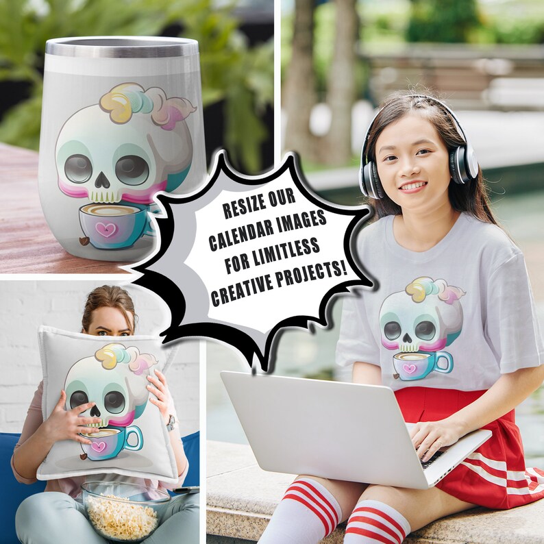 Cute Skulls and Latte 2024 Monthly Calendar Sunday & Monday Etsy