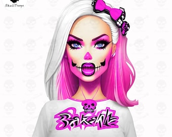 Skull Doll Lusty Kiss: PNG Digital Download. Pink Fashion Tshirt Design, Sublimation Canvas