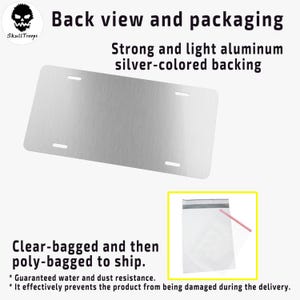 May include: A silver-colored aluminum backing plate with four mounting holes. The text reads "Back view and packaging" and "Strong and light aluminum silver-colored backing." The plate is clear-bagged and poly-bagged for shipping.