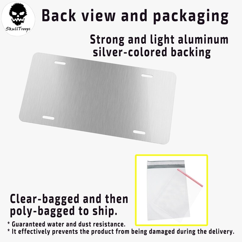 May include: A silver-colored aluminum backing plate with four mounting holes. The text reads "Back view and packaging" and "Strong and light aluminum silver-colored backing." The plate is clear-bagged and poly-bagged for shipping.