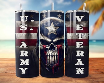 Skull US Veteran Tumbler Wrap Seamless 20oz/30oz Skinny Tumbler Sublimation Design Digital Download PNG, marine armed forces retired soldier
