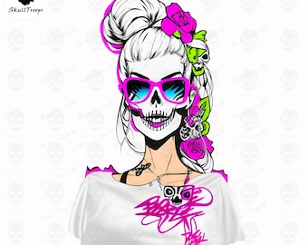 Skull Diva: Glam Girl PNG do pobrania. Projekt mody retro, głowa szkieletu w stylu rocker.