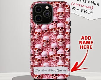 Personalized Skull Tough Phone Case: Pink Jewels, Bling Pearls Fashion, Shock Protection