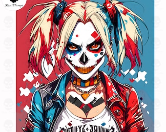 Skull Harley Fiery Red and Blue PNG Wall Art. Pop Art spooky villain. Sublimation, DTF, DTG. Resizable. Instant Digital download, Joker fan