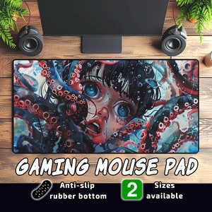 May include: A blue and red gaming mouse pad featuring an illustration of a girl with blue eyes and an octopus. The mouse pad has an anti-slip rubber bottom and is available in two sizes.