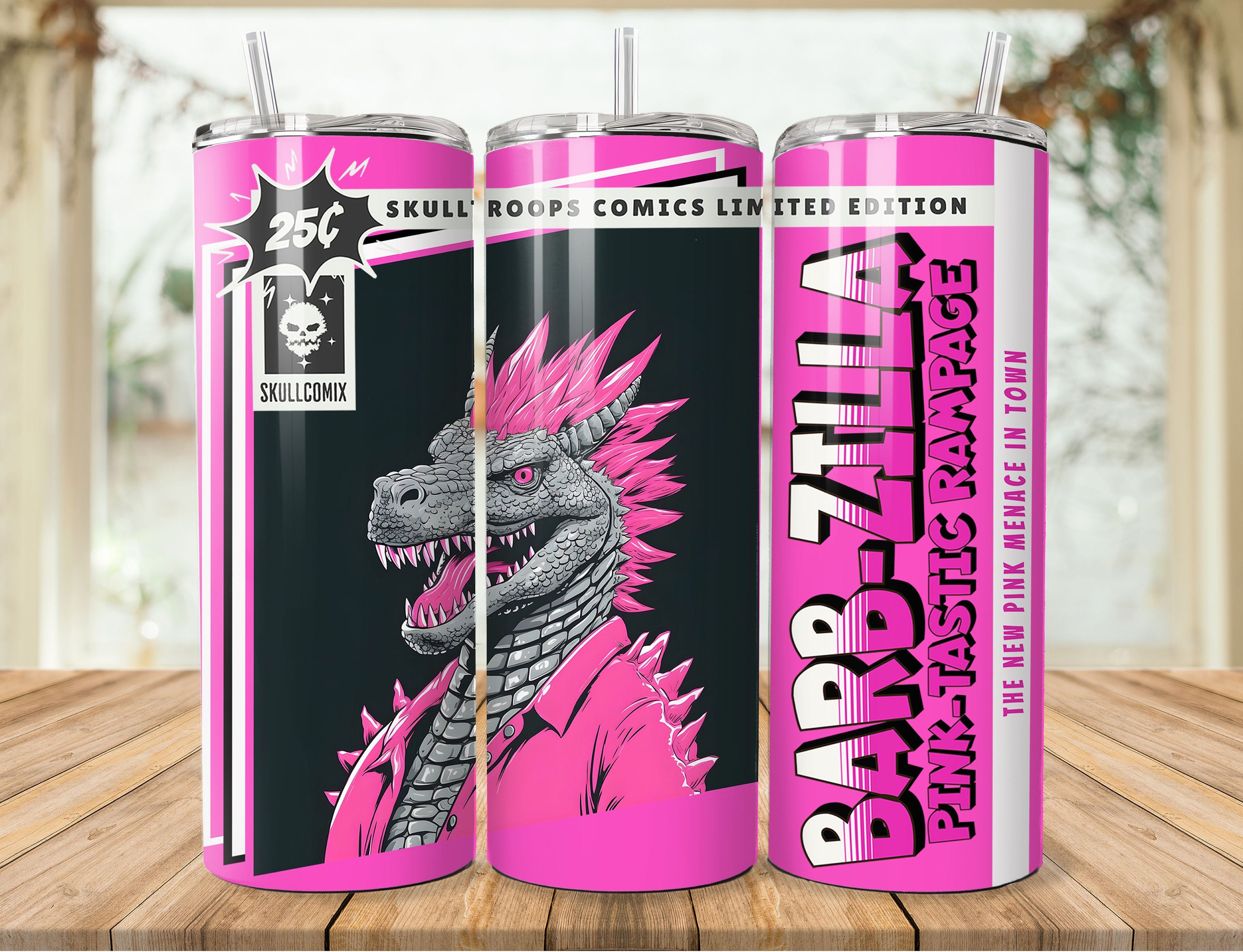 BarbZilla Tumbler Wrap Seamless 20oz/30oz, Skinny Tumbler Sublimation Design Digital Download PNG, Pink Godzilla Fashion retro groovy comics