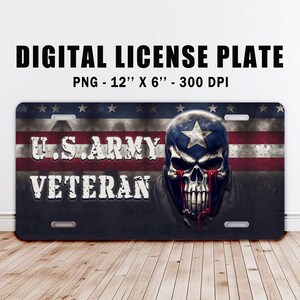 Puede incluir: Placa de matrícula digital con un diseño de calavera, una estrella azul y blanca, lágrimas rojas y el texto "U.S. ARMY VETERAN" sobre la bandera estadounidense. Mide aproximadamente 30,5 cm x 15,2 cm.