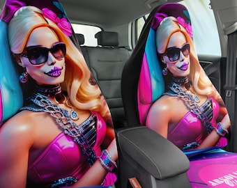 Skull Diva Queen Fashion Doll Car Seat Covers Set of 2, Universal Fit. Thick Polyester Fabric, Stylish Boho Vehicle Cover, Cute Car Decor
