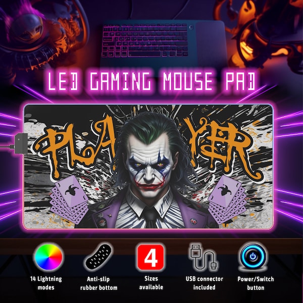 RGB LED Gaming Mouse Pad Hot Joker Player. 14 changing colors, 4 sizes, Anti-Slip Table Mat, Keyboard Desktop Office, Clown Prince of Crime