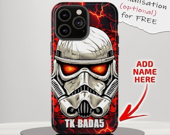 May include: A black iPhone case with a red and black design featuring a white Stormtrooper helmet with glowing red eyes. The text "TK-BADA5" is printed on the case.