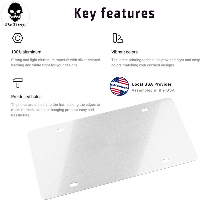 May include: A white license plate with pre-drilled holes, made of 100% aluminum. The plate has a silver-colored backing and a white front. The text "Key features" is at the top, with details about vibrant colors and being assembled in the USA.
