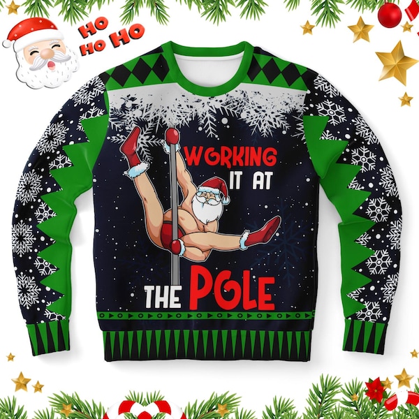 Śmieszna, brzydka bluza świąteczna z Mikołajem tańczącym na rurze. Tandetny humor świąteczny, sprośny humor dla dorosłych.