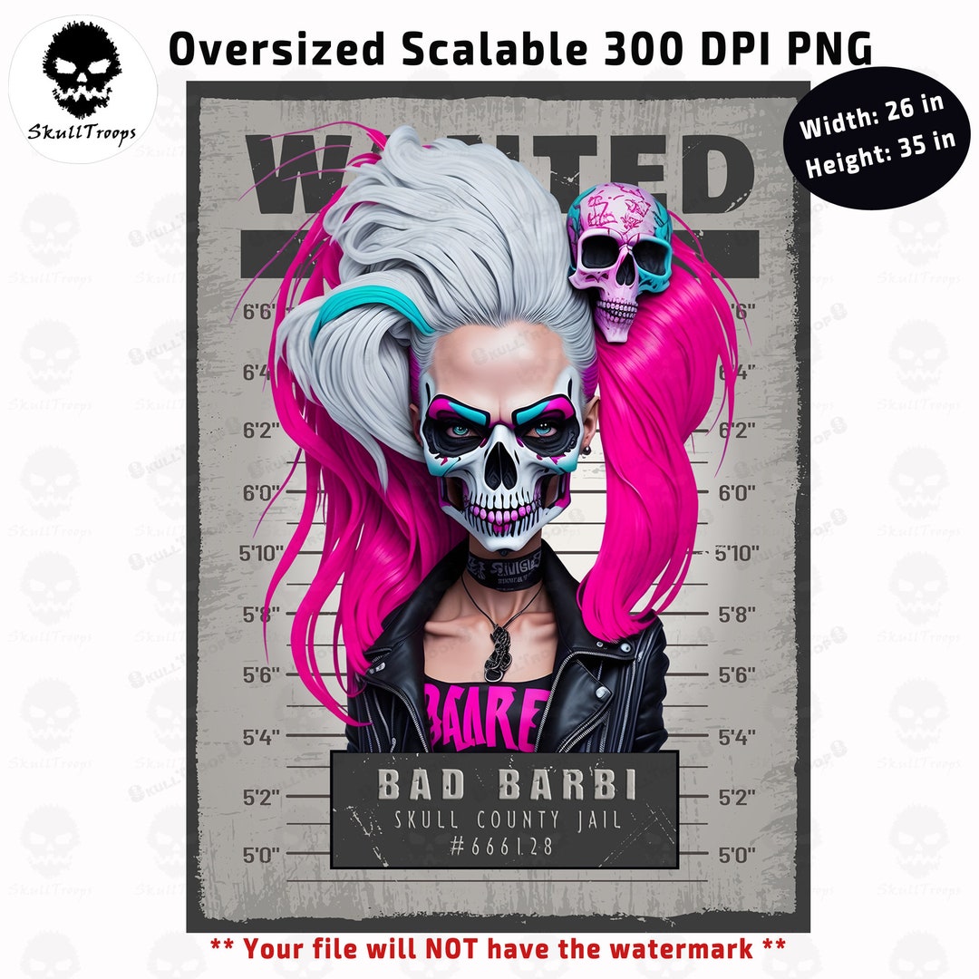 Skull Bad Barbi PNG 300 Dpi. Sublimation, DTF, DTG. Resizable, Wall Art