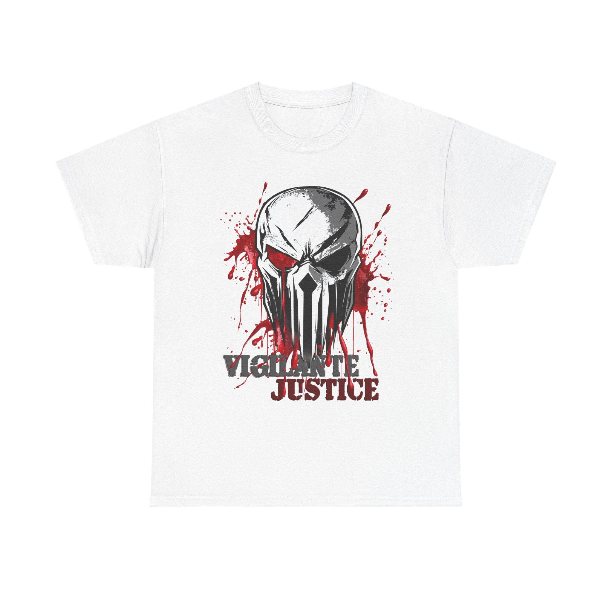 Vigilante Justice Skull T-Shirt. Dark Antihero Graphic Tee, Punk Biker Shirt. Blood Splatter Gothic Streetwear Comics Fan Hot Boyfriend Gift