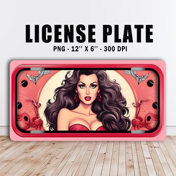 Brunette Bombshell Car License Plate PNG, 300 DPI digital download sublimation printing resizable design, bosomy dark-haired girl driver pin