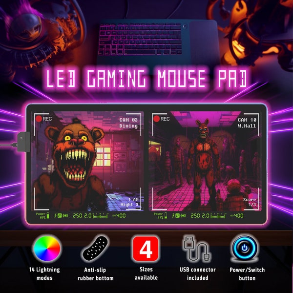 RGB LED Gaming Mouse Pad Animatronics Footage. 14 changing colors, 4 sizes, Anti-Slip Mat, Keyboard Desktop Office, FNAF inspired gameplay