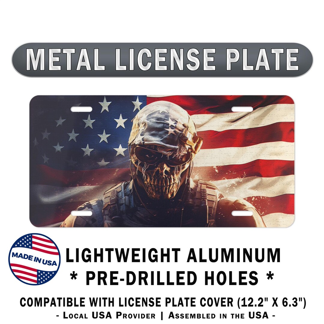 Skull Sentinel USA Flag: Metal Car License Plate. Army Veteran
