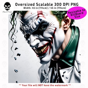 May include: A close-up of the Joker's face, with green hair, white makeup, and a red smile. The image is high-resolution and suitable for printing on a billboard.