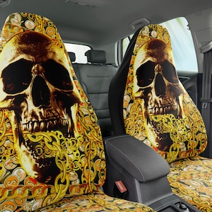 Skull Gold Camouflage Car Seat Covers Set of 2, Universal Fit. Blingy Car Accessories, Durable Car Covering, sparkling chains car interior