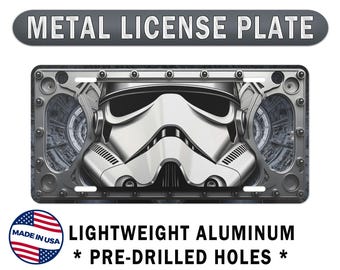 Srebrno-biały hełm szturmowca: metalowa tablica rejestracyjna z błyszczącego aluminium. Żołnierz Ciemnej Strony, Oddział Imperialny