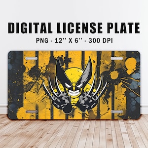 May include: A yellow and black license plate with a graphic of Wolverine, a comic book superhero, with his claws out. The background is a grunge style with yellow and black stripes.