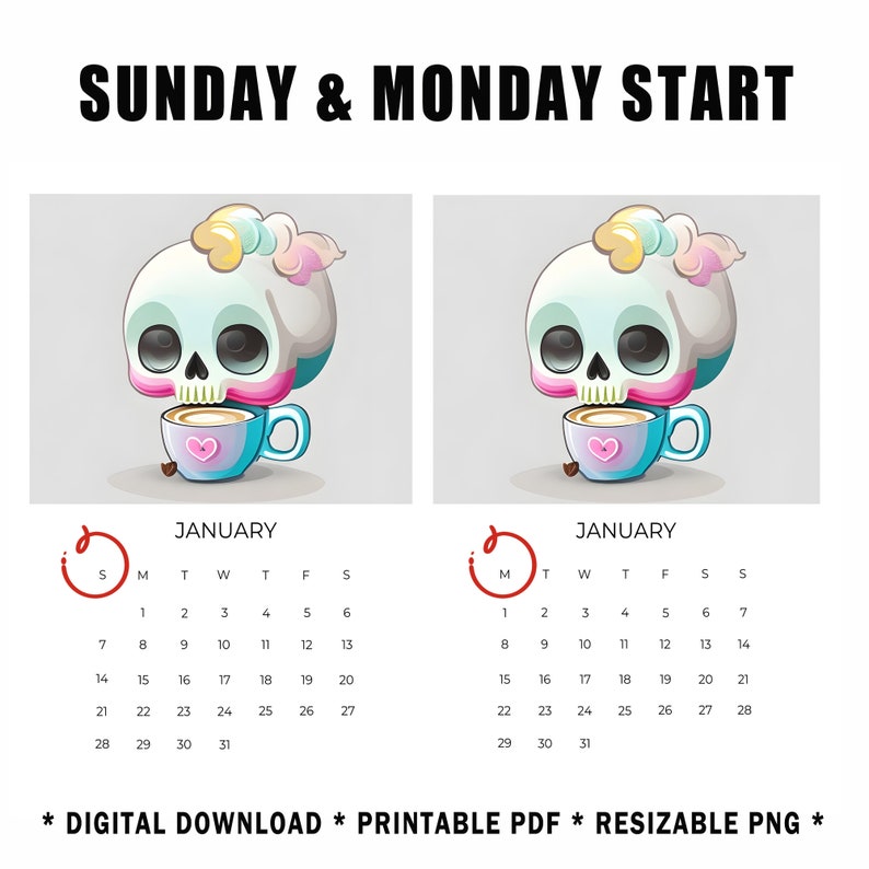 Cute Skulls and Latte 2024 Monthly Calendar Sunday & Monday Etsy UK