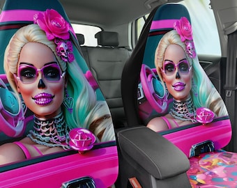 Skull Diva Doll Top Model Fashion Doll. Car Seat Covers Set of 2, Universal Fit. Thick Polyester, Stylish Femme Fatale, Cute Pink Car Decor