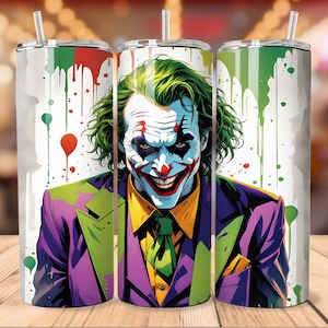 Geschilderd pak chaos Tumbler Wrap Naadloos 20oz/30oz, Skinny Tumbler Sublimation Design Digitale Download PNG, Joker fan strips verf penseelkunst