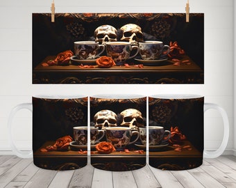Macabre Skulls Mug Wrap: Retro Horror Coffee Cup Design (Digital Download)