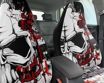 Vintage Bloody Skulls: Front Car Seat Covers. Goth Horror Fan, Heavy Metal Interior