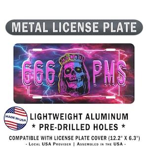 Metalen kentekenplaat schedel 666 PMS. Weerbestendige, roestvrije kaptafel van aluminium. Vrouwen rijden, cadeau nieuwe chauffeur, boze chauffeur, automeisje