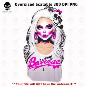 Skull Girl Wavy Locks PNG tshirt-design. Sublimation DTF DTG. Resizable fashionable diva, bubblegum girl Digital download, cute fashion doll