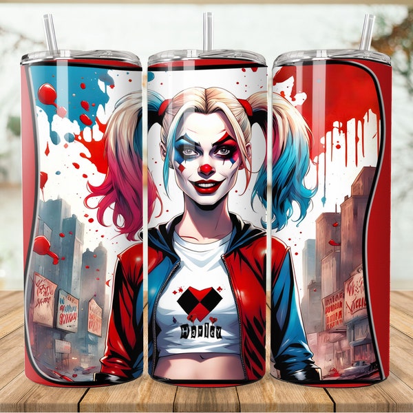 Harley Town Dream Tumbler Wrap Seamless 20oz/30oz, Skinny Tumbler Sublimation Design Digital Download PNG, Harley Quinn fan art emote poster