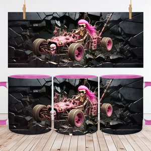 May include: Pink and black coffee mug with a design of a pink skeleton driving a pink buggy through a cracked wall.