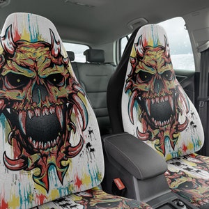Skull Demon Car Seat Covers Set of 2, Universal Fit. Gothic Horror Car Interior, Durable Car Covering, creepy spooky car, heavy metal gift