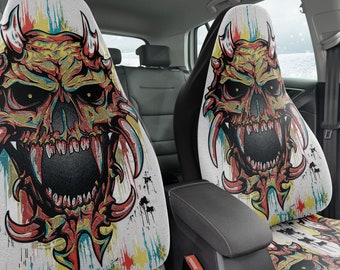 Skull Demon Car Seat Covers, Gothic Horror Auto Interior, Set of 2
